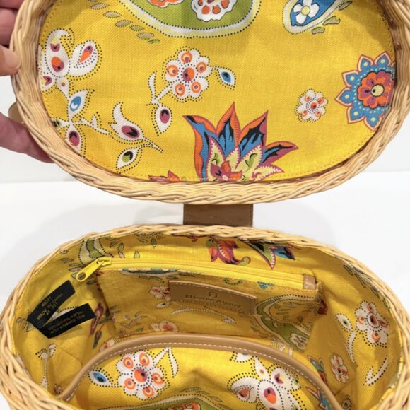 Etienne Aigner Wicker Basket Purse, Yellow Paisley Interior, Gold Toned Details - Picture 2 of 11